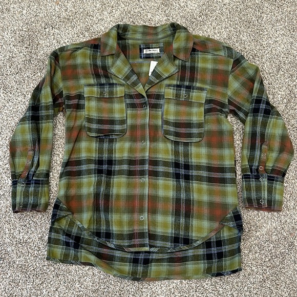 Free People We The Free Izzie Plaid Flannel Cargo Shirt Jacket Shacket Olive - Picture 7 of 10